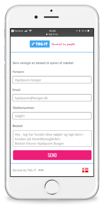 Iphone med TAG-IT beskedinterface - fundne nøgler